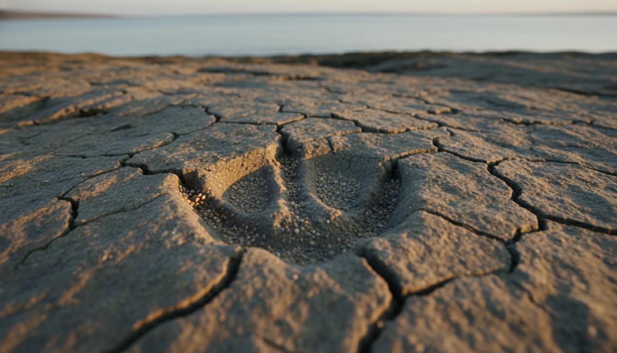 Крупный план окаменелого следа трехпалого динозавра, отпечатанного в потрескавшейся каменистой породе.