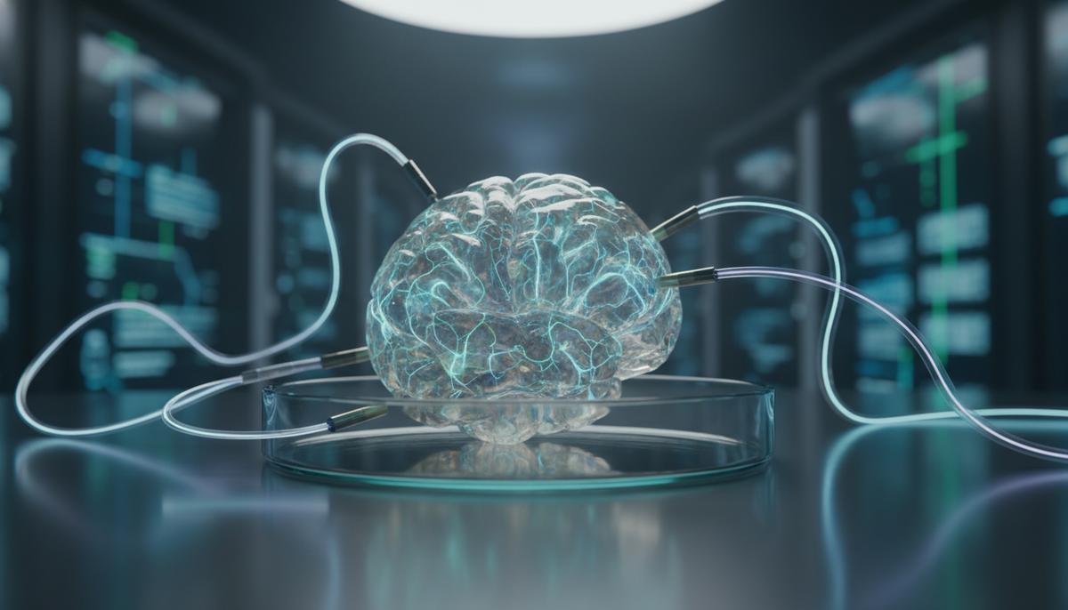 Мозговой органоид в чашке Петри в научной лаборатории, к которому подведены микроэлектроды для изучения нейронной активности.