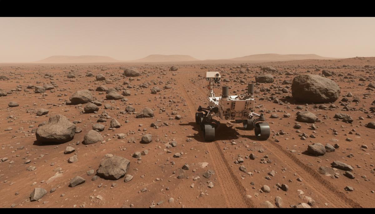 Марсоход Perseverance на каменистой поверхности Марса, оставляет следы на красноватом грунте на фоне пустынного пейзажа.