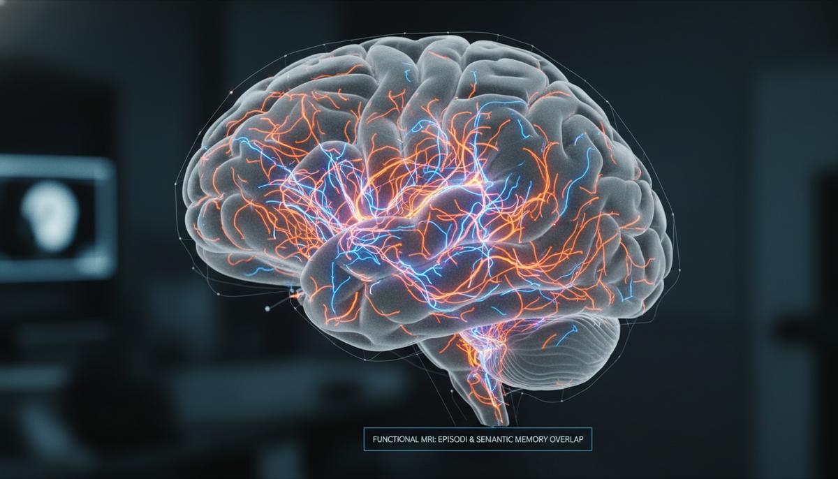 Ученые: эпизодическая и семантическая память используют общие области мозга Трехмерное изображение человеческого мозга с подсвеченными оранжевыми и синими нейронными путями, которые пересекаются.