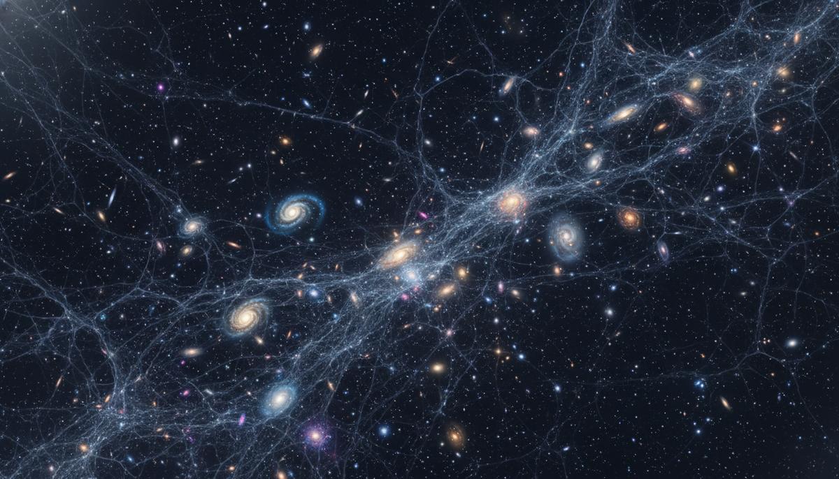 Космическая паутина из темной материи с яркими галактиками и туманностями, встроенными в ее невидимую структуру на фоне звездного неба.