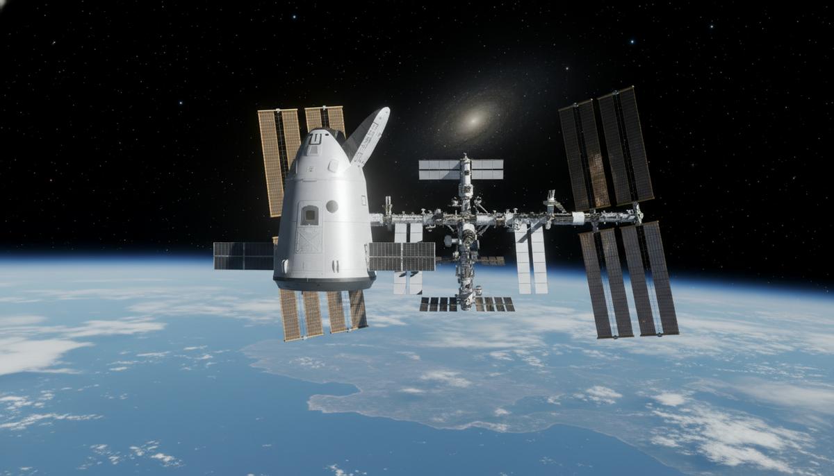 Экипаж Crew-12 начал карантин перед полетом к Международной станции Космический корабль SpaceX Dragon приближается к Международной космической станции на фоне Земли в открытом космосе.