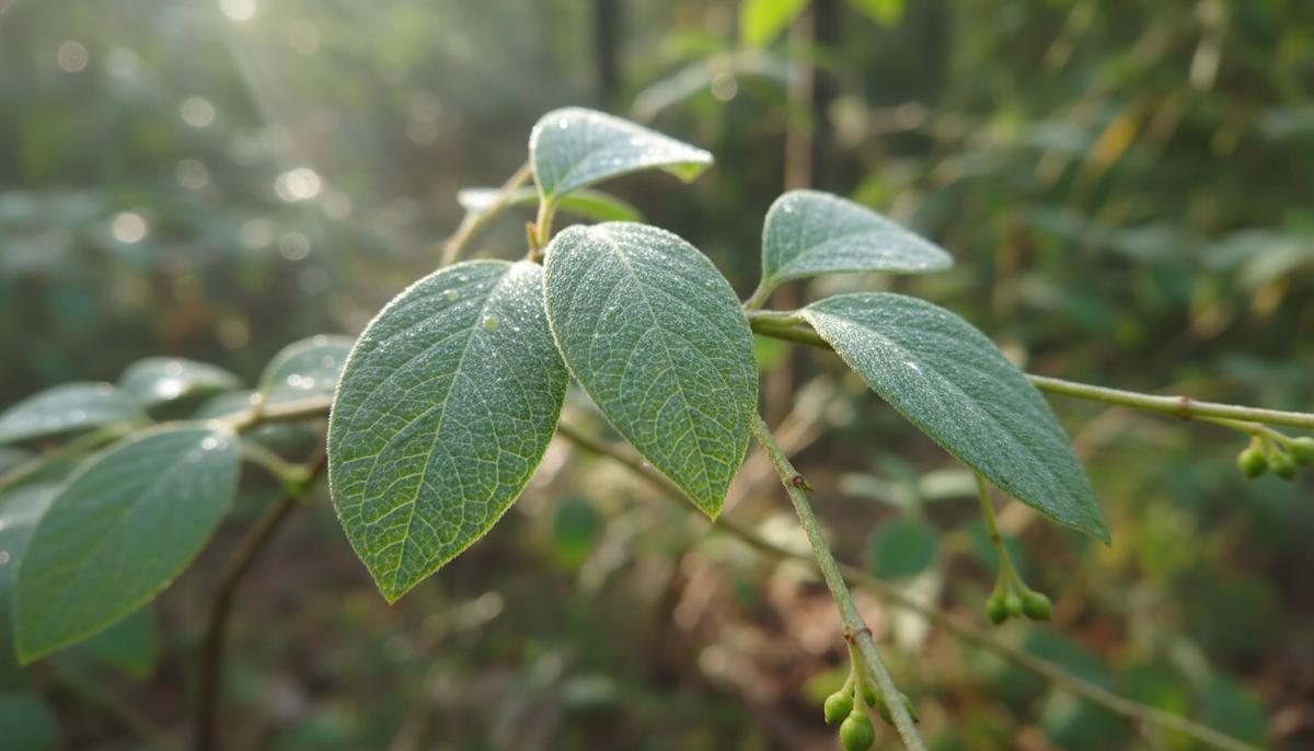 Крупный план ветвей кустарника флюггея полукустарниковая с мелкими зелеными листьями в естественной среде обитания.