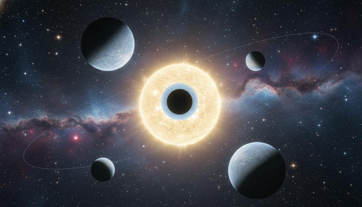 Молодая звезда V1298 Tau, окруженная четырьмя крупными экзопланетами. Одна из планет проходит на фоне звездного диска.