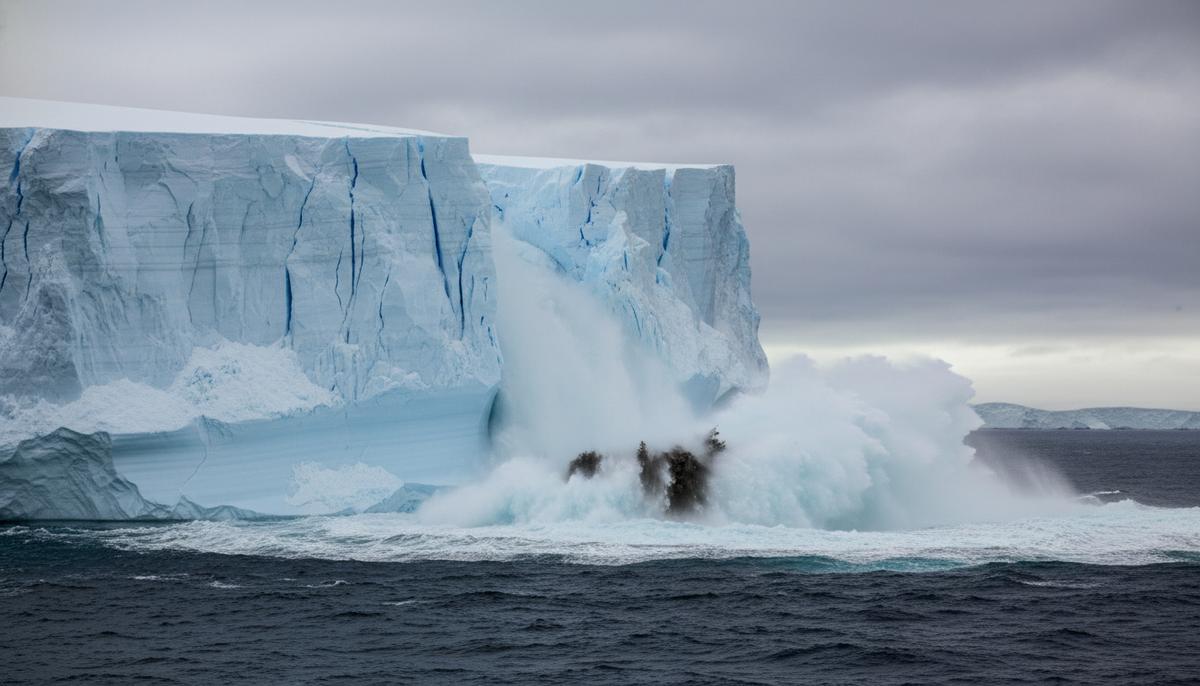 Огромный айсберг с темными слоями осадочных пород откалывается от ледника в Антарктиде и падает в океан.