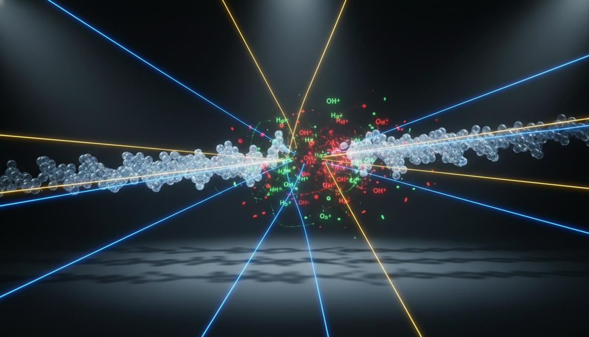 Микроскопический вид молекул воды, выстроенных в ряд под действием электрического поля, и их последующий распад на отдельные ионы.
