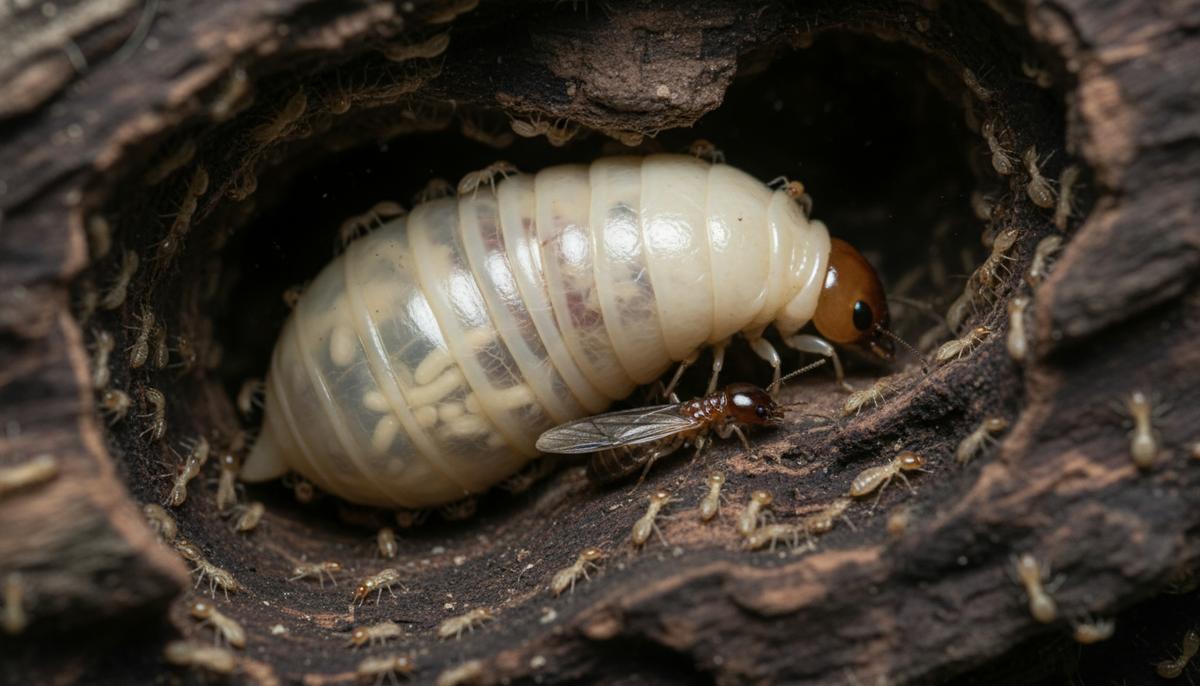 Эволюция термитов: отказ от генов привел к сложной социальной жизни Крупная королева-матка термита с раздутым брюшком и король в камере внутри древесины, окруженные рабочими термитами.