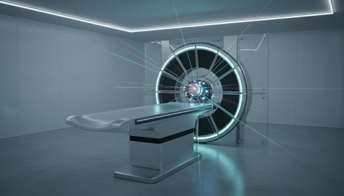 Современный медицинский сканер в лаборатории. Под кушеткой видна система из дугообразных датчиков и лазерных излучателей.