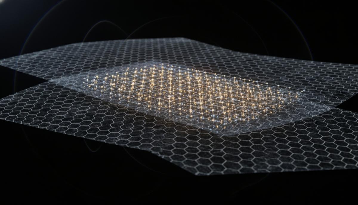 Два слоя графена с гексагональной решеткой, между которыми виден кристаллический узор из частиц-экситонов.