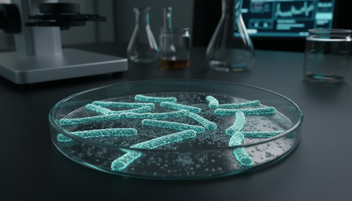 Колония устойчивых к антибиотикам бактерий Acinetobacter baumannii под микроскопом в чашке Петри в лабораторных условиях.