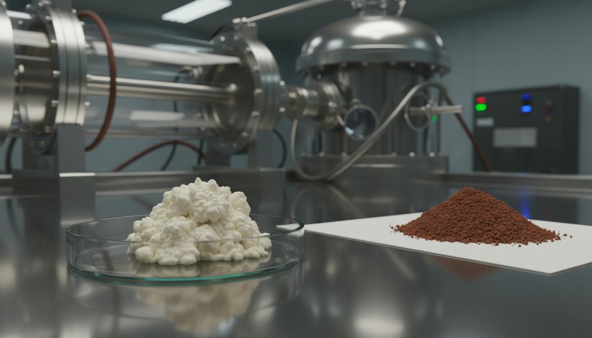 Чашка Петри с культурой дрожжей на лабораторном столе рядом с образцом красноватой почвы, похожей на марсианский грунт.