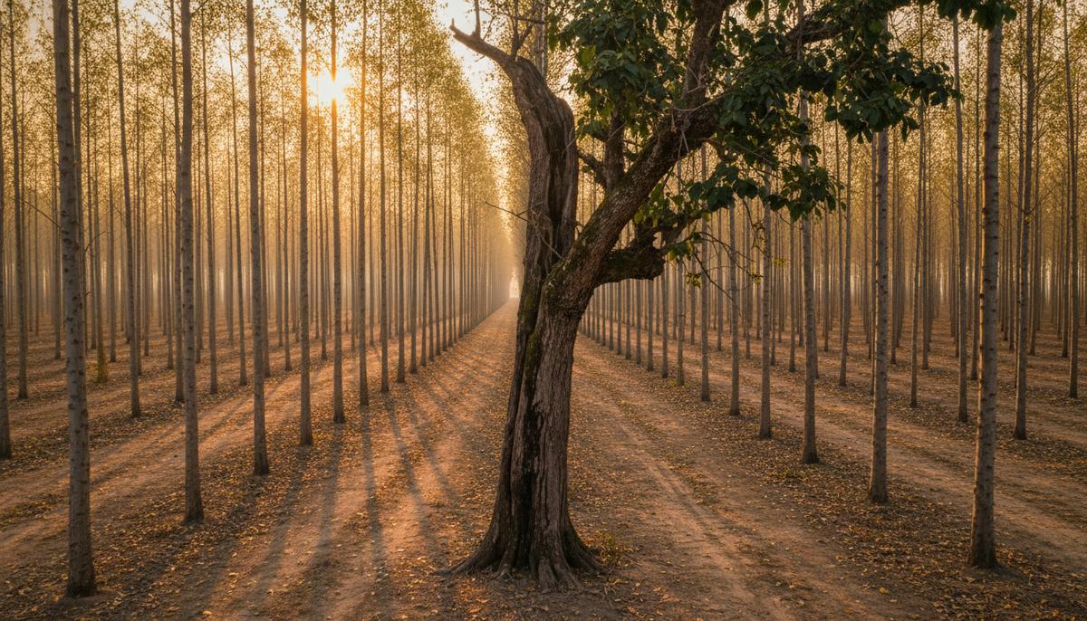 Одинокое старое раскидистое дерево на переднем плане и однородный лес из молодых быстрорастущих деревьев на заднем плане.