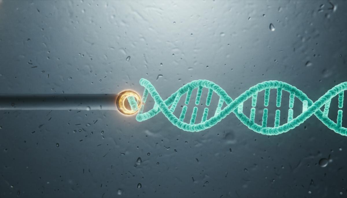 Молекула ДНК проходит через светящуюся нанопору в мембране, скручиваясь в сложную спиральную структуру плектонему.