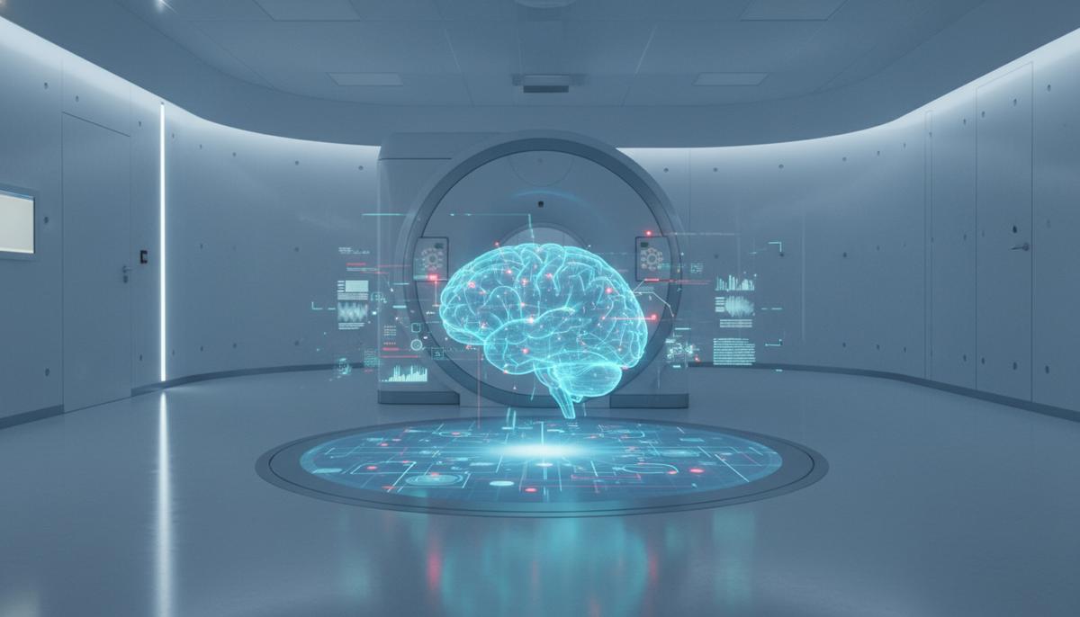 Футуристический медицинский кабинет с аппаратом МРТ и голографическим изображением человеческого мозга с подсвеченными анализируемыми участками.