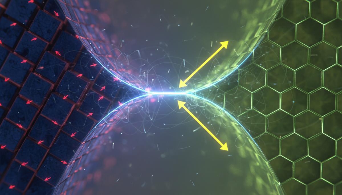 Микроскопическое изображение границы раздела двух кристаллических материалов, один из которых магнитный, в спинтронном устройстве.