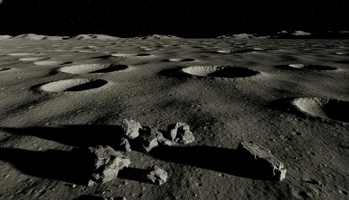 Каменистая поверхность Луны внутри огромного древнего кратера, освещенная низким солнцем, создающим длинные тени.