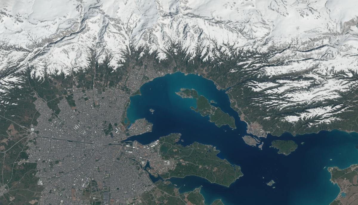 Спутниковый снимок Северной Италии: заснеженные Альпы на севере, синее озеро Гарда в центре и город Милан слева внизу.