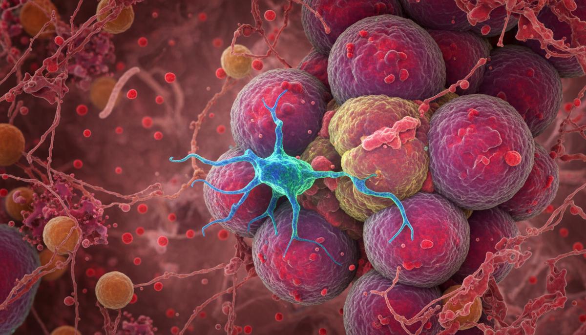 Микроскопическое изображение: иммунная клетка-нейтрофил взаимодействует со злокачественными раковыми клетками.