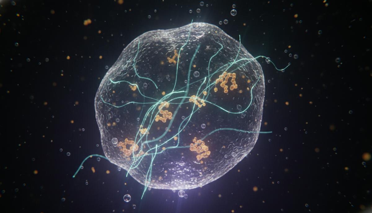 Микроскопическое изображение примитивной клеточной мембраны с белками и нитями РНК в первичном океане на заре жизни.