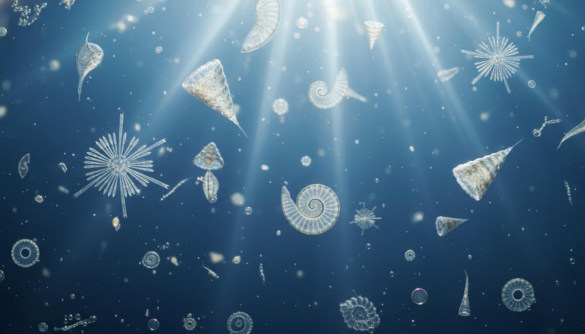 Микроскопические организмы планктона с известковыми раковинами – кокколитофориды, фораминиферы и птероподы – в толще воды.