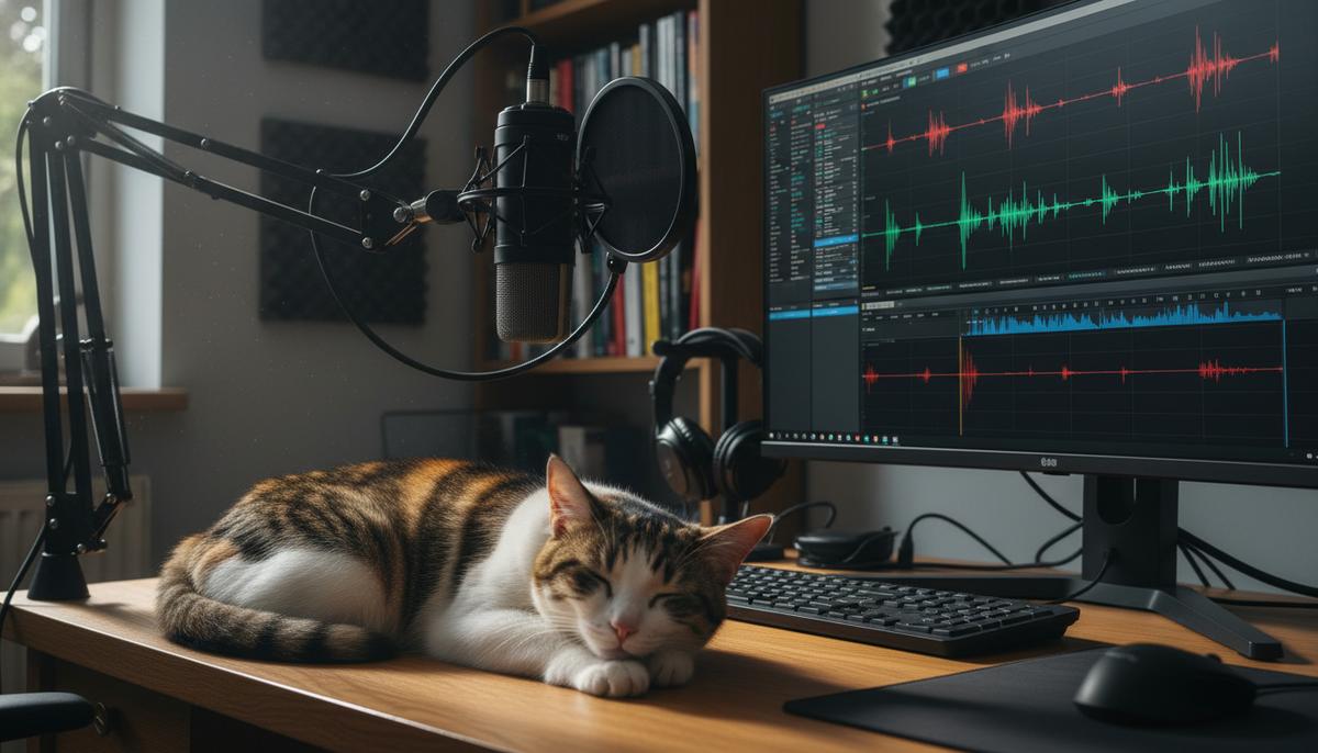 Домашняя кошка отдыхает на столе рядом с профессиональным микрофоном и монитором, на котором виден график звуковой волны.