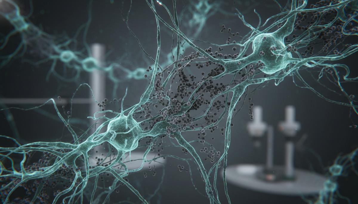 Макроснимок нейронной сети головного мозга с видимыми признаками дегенерации: некоторые нейроны повреждены и спутаны.