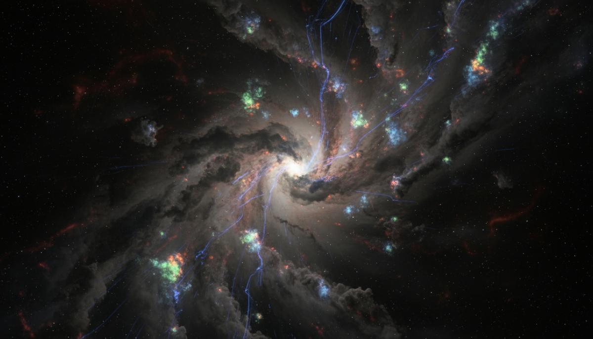 Ядро галактики, скрытое за плотными вихрями темной пыли и газа, со свечением в центре.