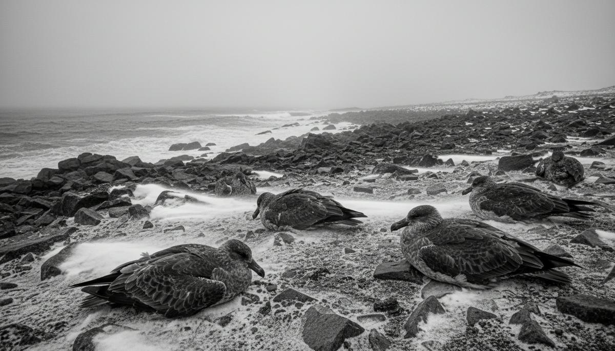 Несколько мертвых южнополярных поморников лежат на заснеженных камнях на побережье Антарктиды.