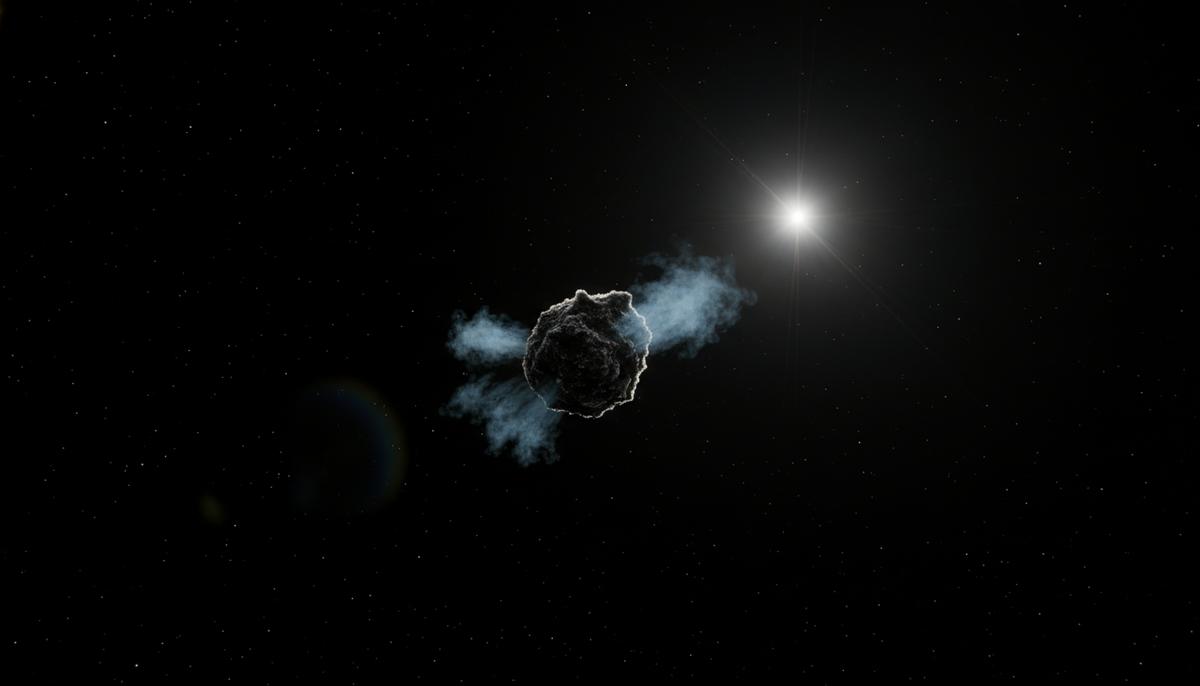 Межзвездная комета 3I/ATLAS, состоящая из льда и пыли, летит в темном космосе, испуская струи газа.