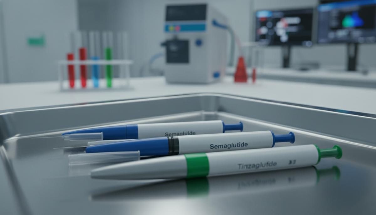 Инъекционные ручки-шприцы для похудения, такие как семаглутид и тирзепатид, на металлическом медицинском лотке в лаборатории.