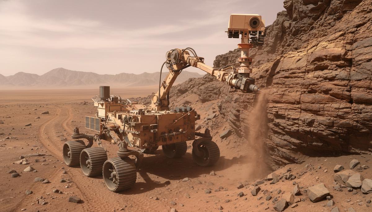 Марсоход Curiosity бурит скалу своим манипулятором на фоне каменистого пейзажа кратера Гейл на Марсе.