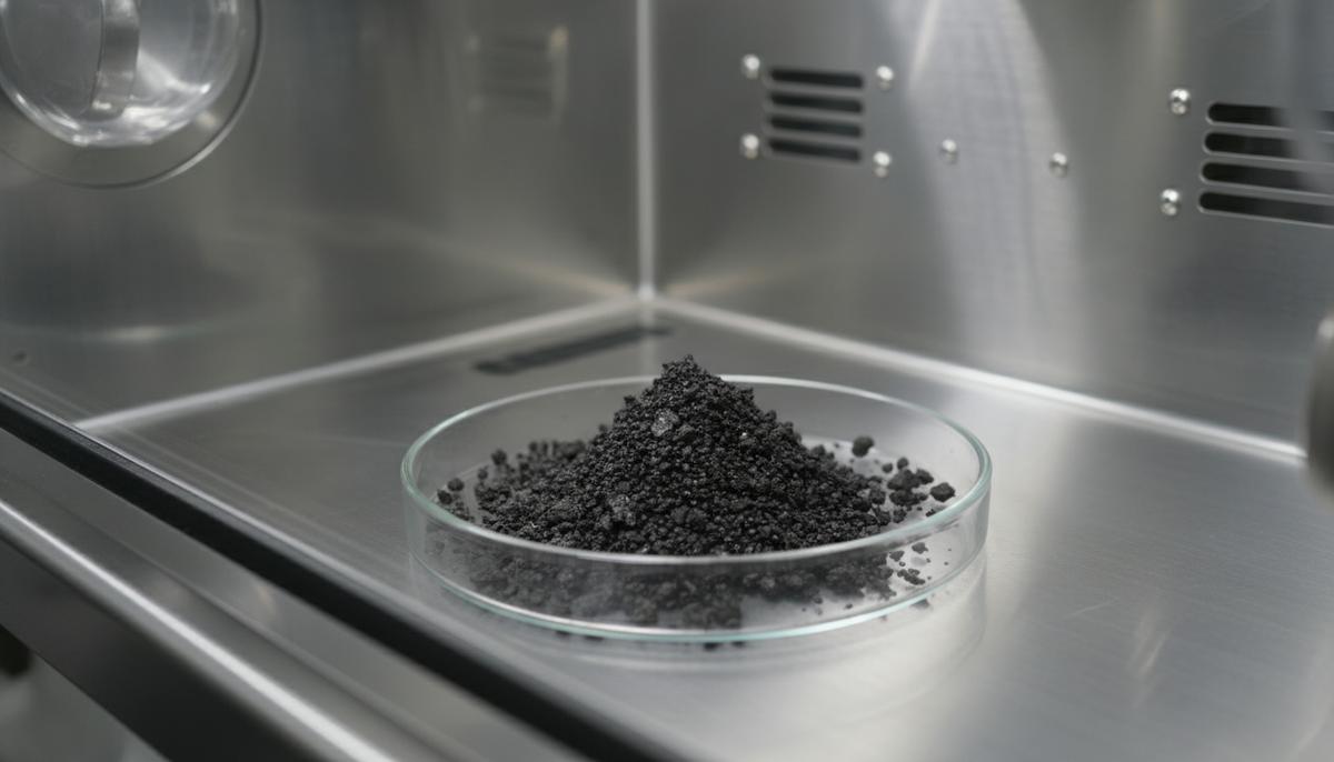 Образец грунта с астероида Бенну – темные камни и пыль – в лабораторной чашке Петри крупным планом.