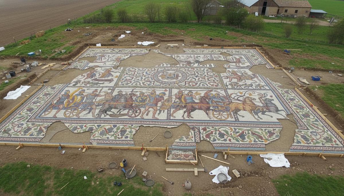 Частично раскопанная древнеримская мозаика с изображением сцен Троянской войны, обнаруженная в земле на месте раскопок.