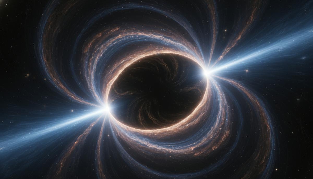 Туманность Яйцо в космосе: плотное облако пыли, сквозь которое пробиваются два ярких луча света, освещая концентрические дуги.