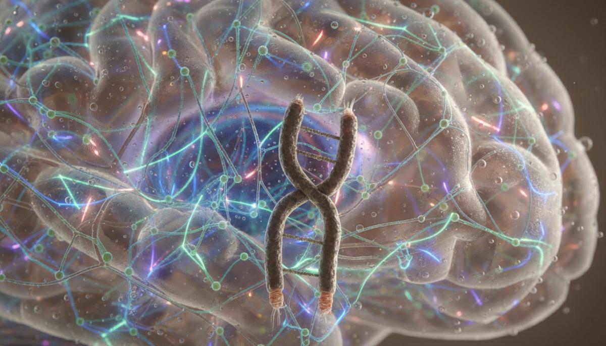 Крупный план нейронной сети с сияющими связями и детальное изображение хромосомы с теломерами на концах.