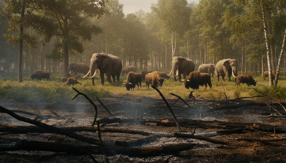 Доисторический европейский пейзаж с лесом и поляной. На переднем плане видны следы недавнего пожара, вдалеке пасется стадо древних слонов и быков.