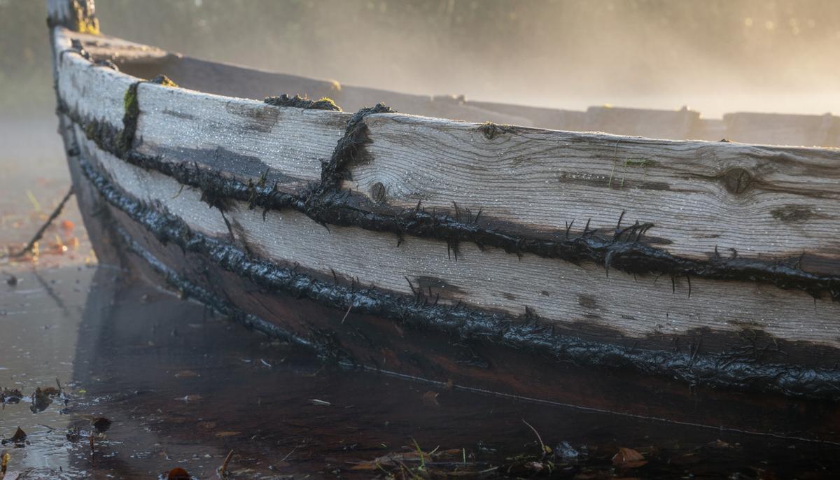 Фрагмент древней деревянной лодки Хьортспринг в болоте с видимыми швами, заполненными темной просмоленной массой.