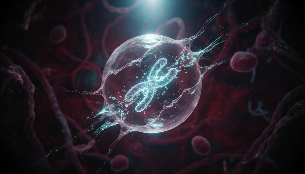 Фрагментация хромосомы внутри микроядра раковой клетки. Видны разрывающаяся оболочка и светящиеся обломки ДНК.