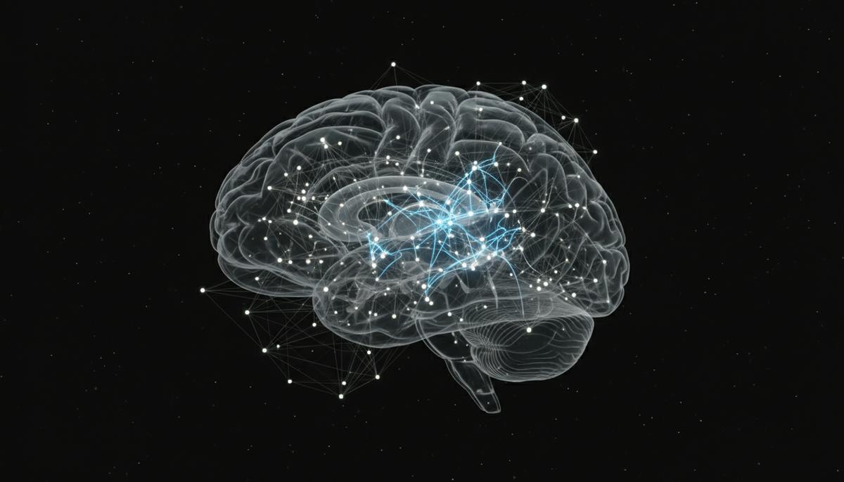Новый ИИ выявил гены, управляющие болезнью Альцгеймера Светящаяся трехмерная сеть генных связей внутри полупрозрачной структуры человеческого мозга на темном фоне.