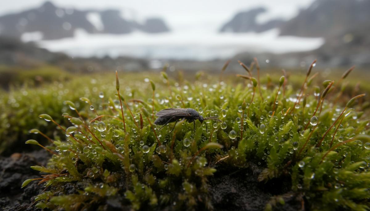 Крупный план крошечного бескрылого комара Belgica antarctica на влажном зеленом мху на фоне каменистой почвы Антарктиды.