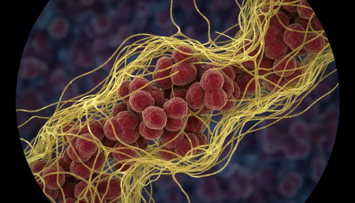 Микроскопическое 3D-изображение ткани поджелудочной железы с густой сетью светящихся нервных волокон, оплетающих скопления клеток.