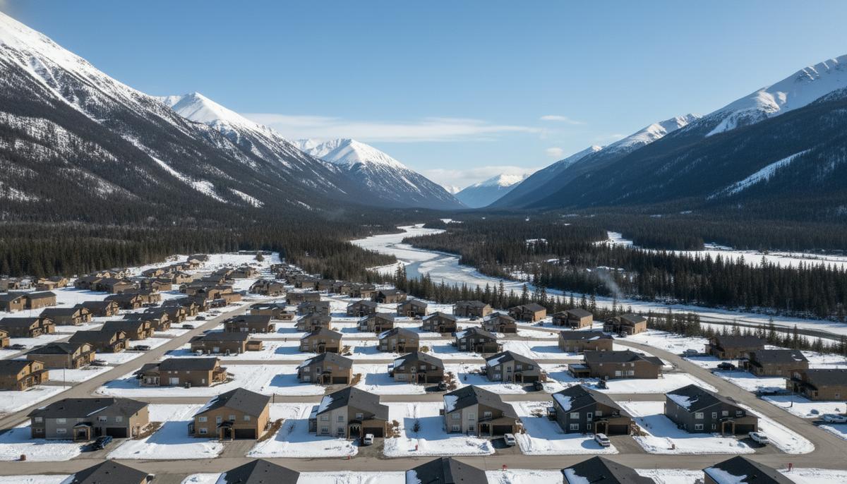 Панорамный вид на небольшой современный город на Аляске, расположенный в долине среди заснеженных гор и хвойных лесов.