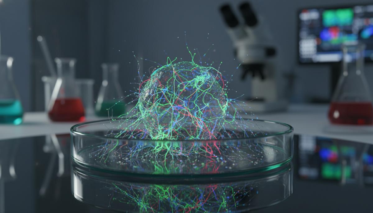 Новая модель спинного мозга подтвердила эффект «танцующих молекул» Крупный план органоида спинного мозга в чашке Петри. Видны светящиеся нейроны, от которых отрастают новые нервные окончания в гелевой среде.