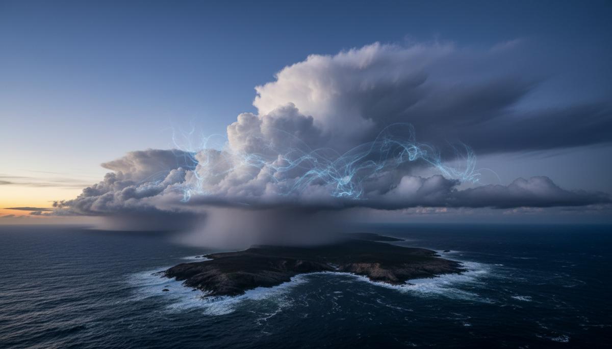 Массивные дождевые тучи над бурной поверхностью океана у скалистого побережья, показывающие глобальный круговорот воды.