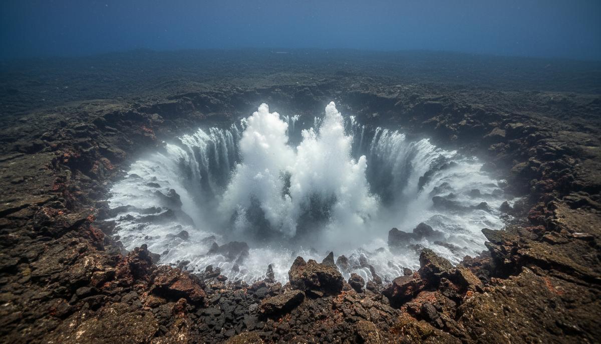 Подводный ландшафт у вулкана Колумбо: морское дно с трещинами, из которых выходят пузырьки газа и горячая вода.