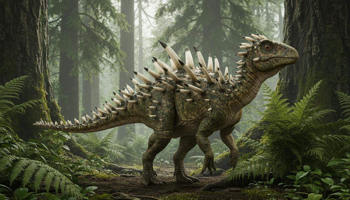 Реконструкция динозавра Haolong dongi с полыми шипами на коже в среде обитания мелового периода среди папоротников.