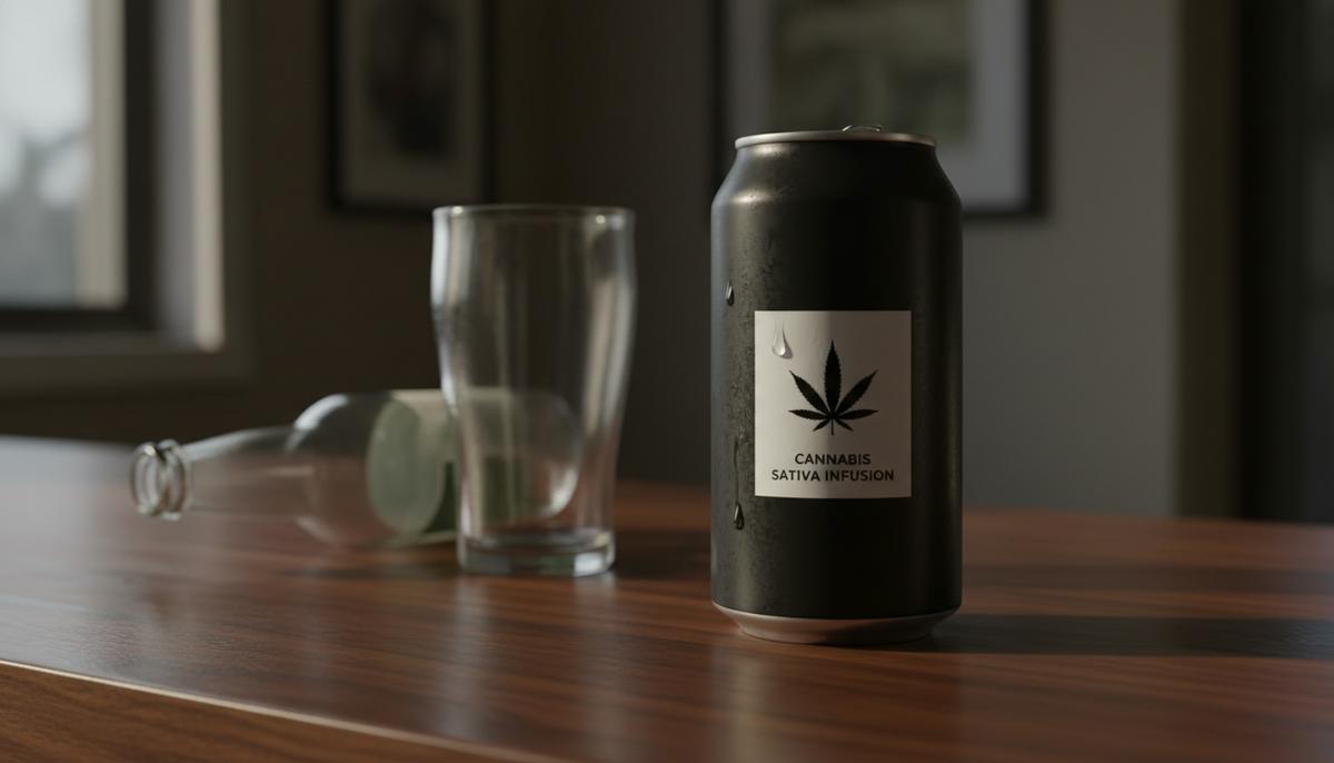 Напитки с каннабисом помогают снизить потребление алкоголя – исследование Современная банка с напитком из каннабиса на деревянной барной стойке. Рядом на размытом фоне стоит пустой пивной бокал.