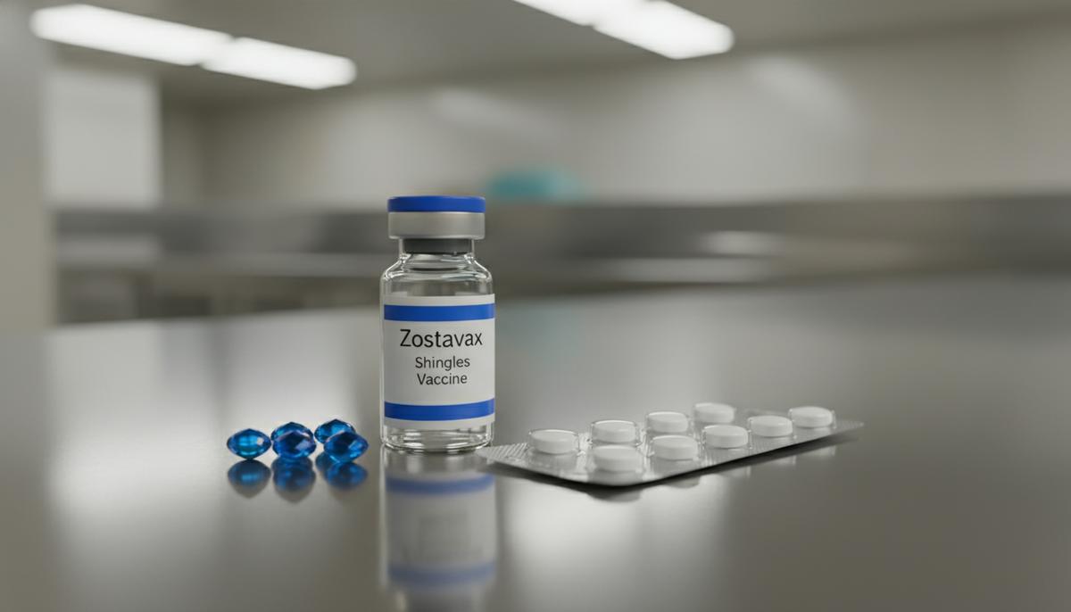 Флакон вакцины от опоясывающего лишая, синие таблетки и блистер с препаратом рилузол на лабораторном столе.