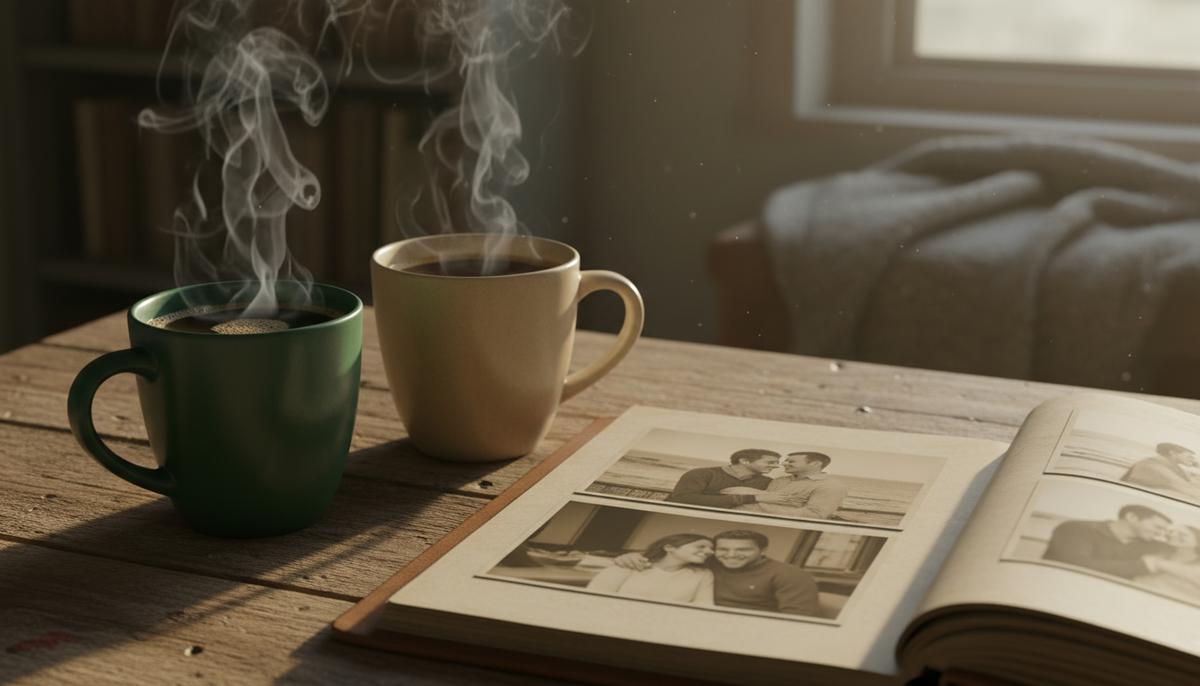 «Смакование» моментов в паре снижает конфликты и укрепляет отношения Две чашки с кофе и открытый фотоальбом со старыми снимками на деревянном столе в лучах утреннего света.