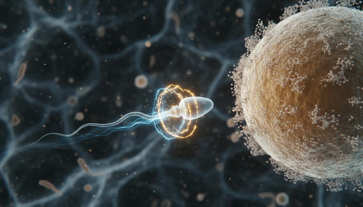 Микроскопическое изображение сперматозоида, который с энергетическим свечением приближается к человеческой яйцеклетке для оплодотворения.